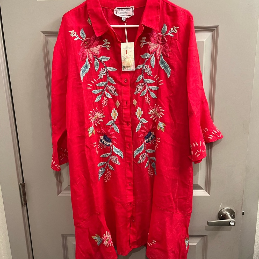 Johnny Was Red Floral Embroidered Dress L